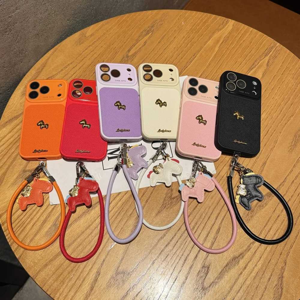 3D Metal Pony PU Leather Phone Case for iPhone 17 16 15 14 Pro Max Instant Conversion 17pro Lens Protection Wrist Strap Cover C260314