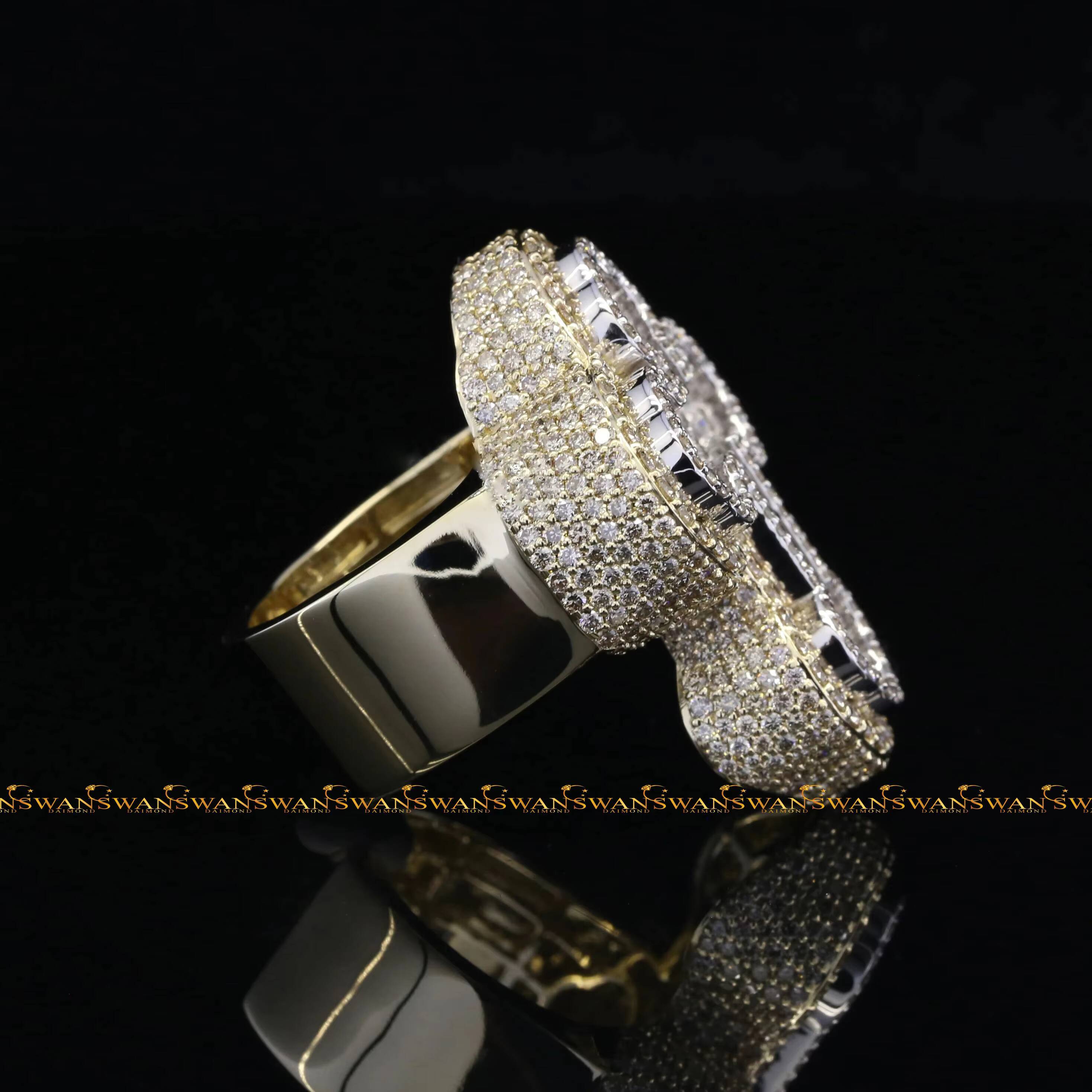 Fancy Iced Out Hip Hop Jesus Cross Wedding Ring with Lab Grown Diamonds in Brilliant Baguette Cut IGI Certified 14kt Yellow Gold