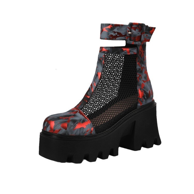 2026 Summer New Chunky High Heel Mesh Hollow Out Sandals for Women, Floral Leather Ankle British Style Martin Boots, Trendy ddmysaturn