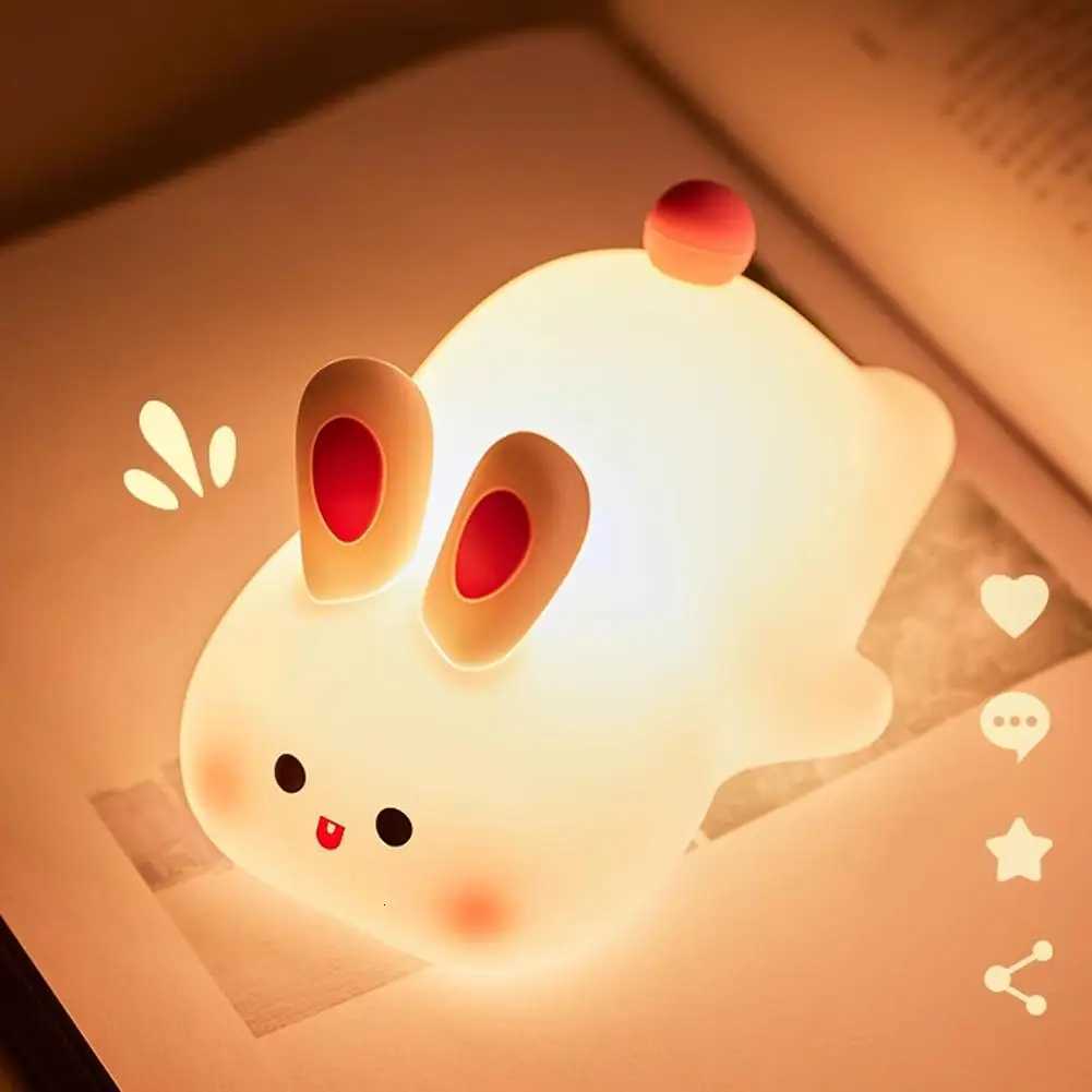 Rechargeable LED Silicone Night Light Up Bunnies Big Face Rabbit Decor Cute Bunny Lamp Novelty Gifts Kids Room Bedroom H260316