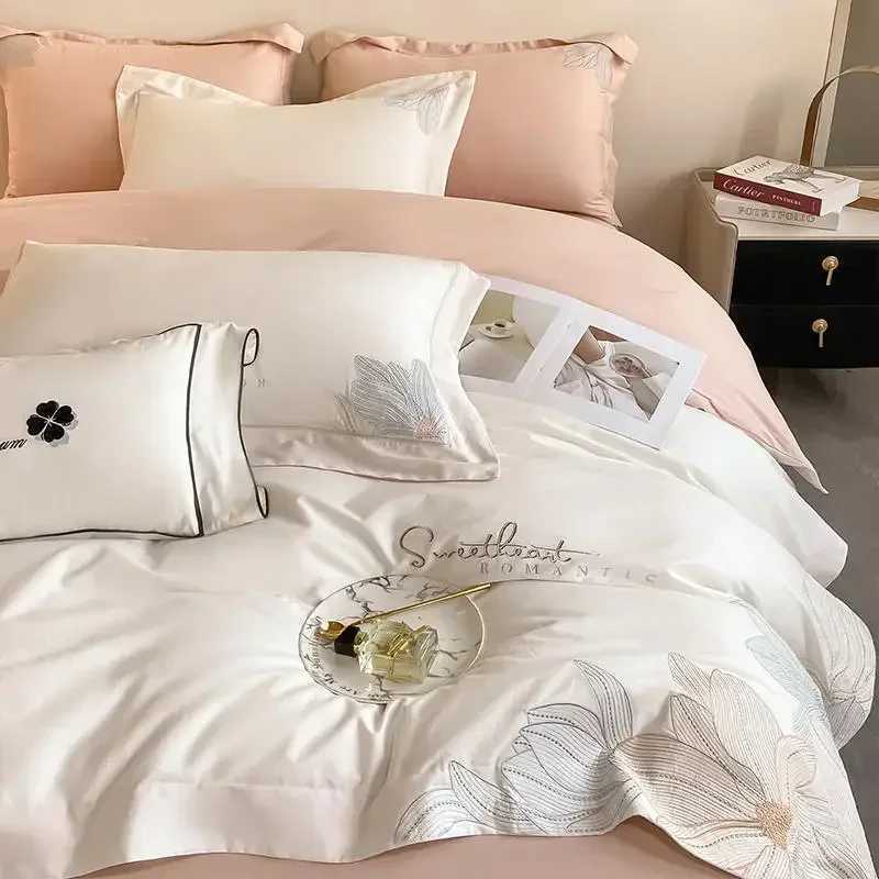 Embroidery 100 Cotton Bedding Set Luxury Home Textile Duvet Cover Set 220x240 High End Hepburn Style Skin Friendly Bedding Sets D260317