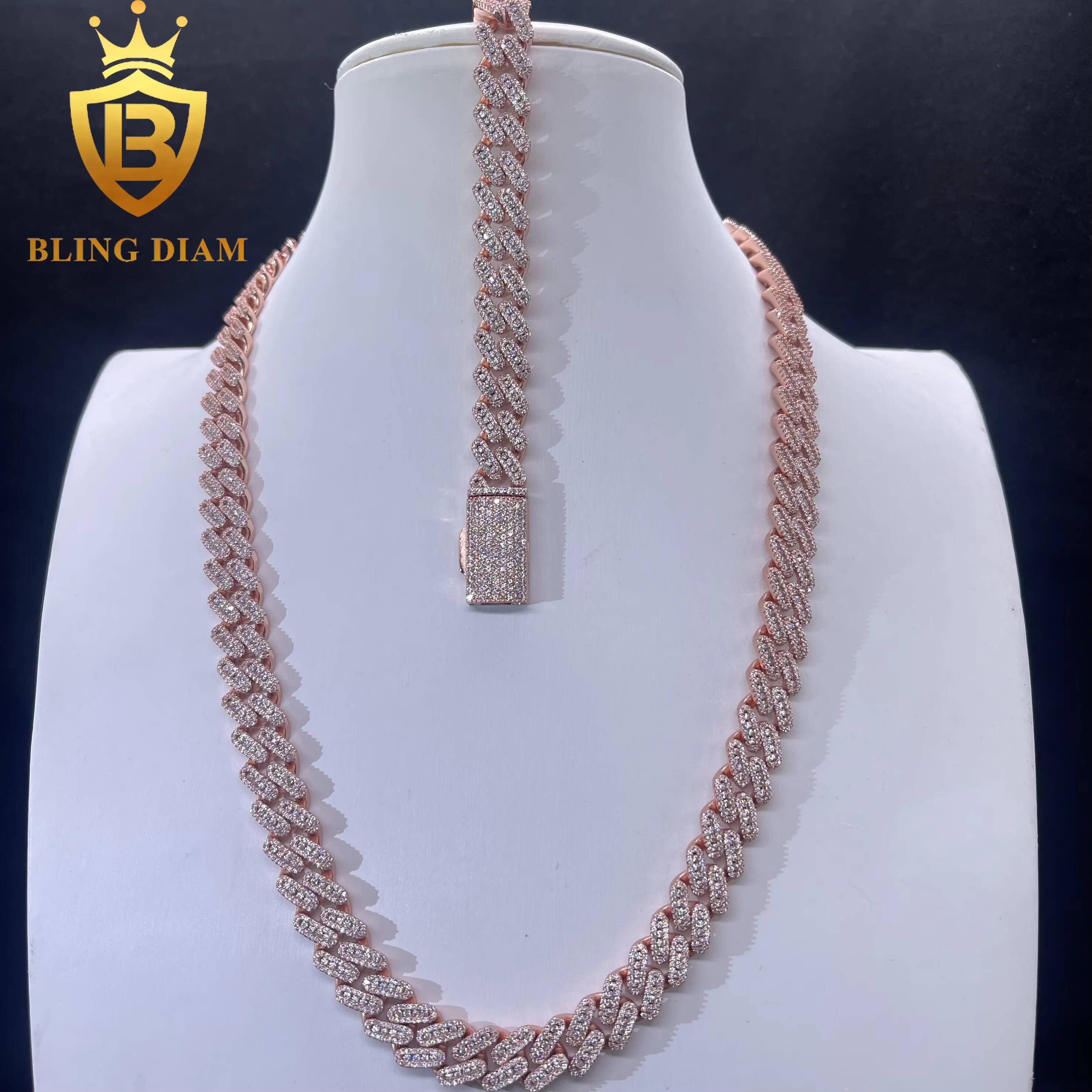 10mm Hip Hop Jewelry Miami Rose Gold Cuban Link Chain Moissanite Iced Out 925 Sterling Silver Necklace Bracelet Set for Men