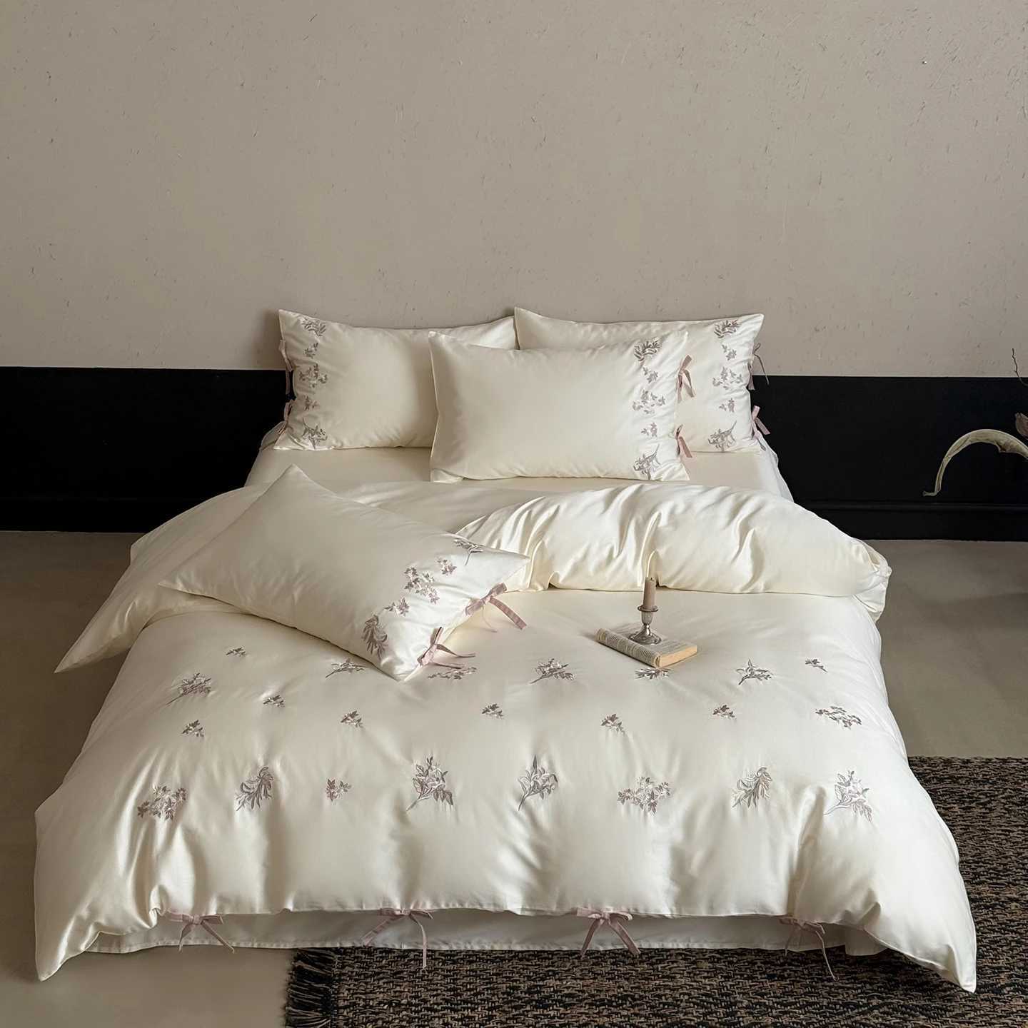 Flowers Embroidery Bow Princess Bedding Set 600TC Egyptian Cotton Queen King Duvet Cover Flat/Fitted Bed Sheet Pillowcases 4Pcs D260317