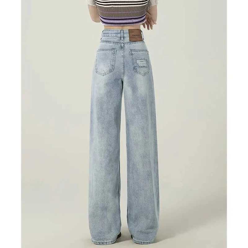 Lady Chic Ripped Baggy Jeans Women Light Blue Narrow Wide Leg Denim Pants s Casual Fashion High Waist Trousers M260317