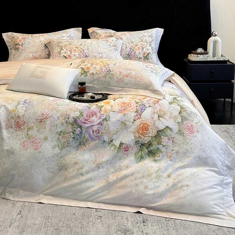 1000TC Egyptian Cotton Blooming Flowers Prints Luxury Queen King Size Bedding Set Duvet Cover Flat/Fitted Sheet Pillowcases 4Pcs D260317