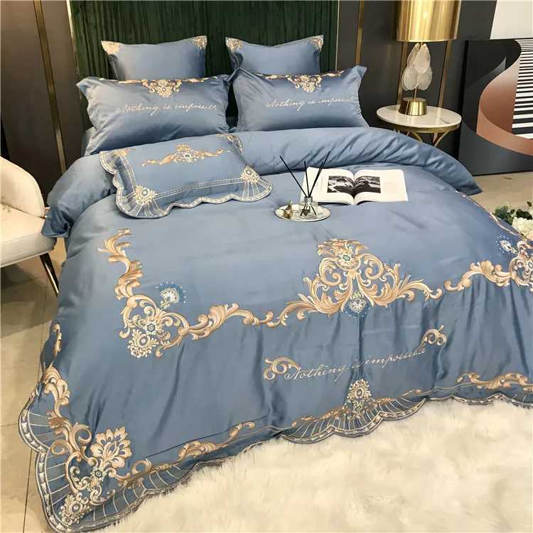 European style Egyptian 100 Cotton Bedding Set Golden Embroidery Home Textiles Duvet Sheet Pillowcases Set Full King Queen Size D260317