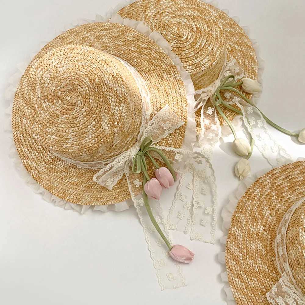 Fashion Sunscreen Lace Bow Straw Hat Flower Weave Outing in Spring Tulip Hat Wide Brim Boho Summer Beach Sun Hat Beachside H260317 - view 5