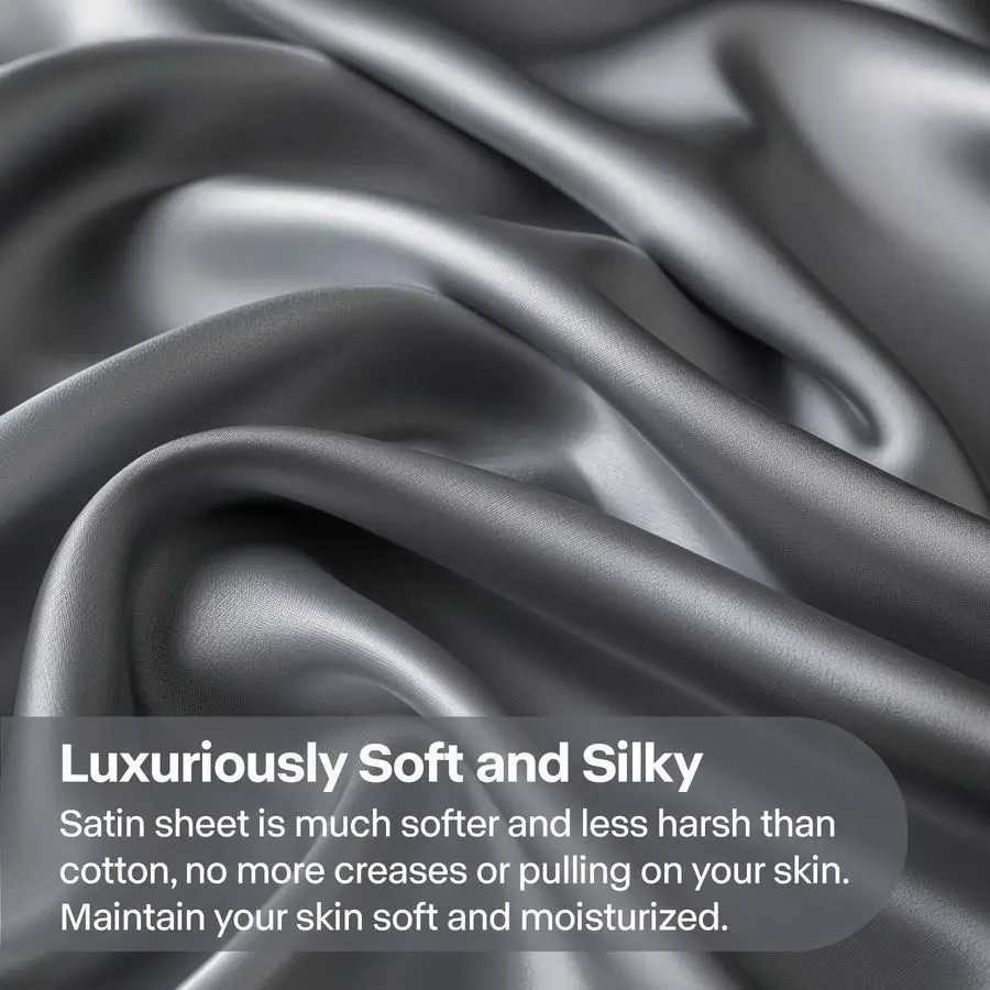 King Size Sheets Set Luxury Soft Dark Grey Satin Sheets for Hair and Skin Similar to Silk Bed Sheets Set 4 Pieces with 1 Deep D260317