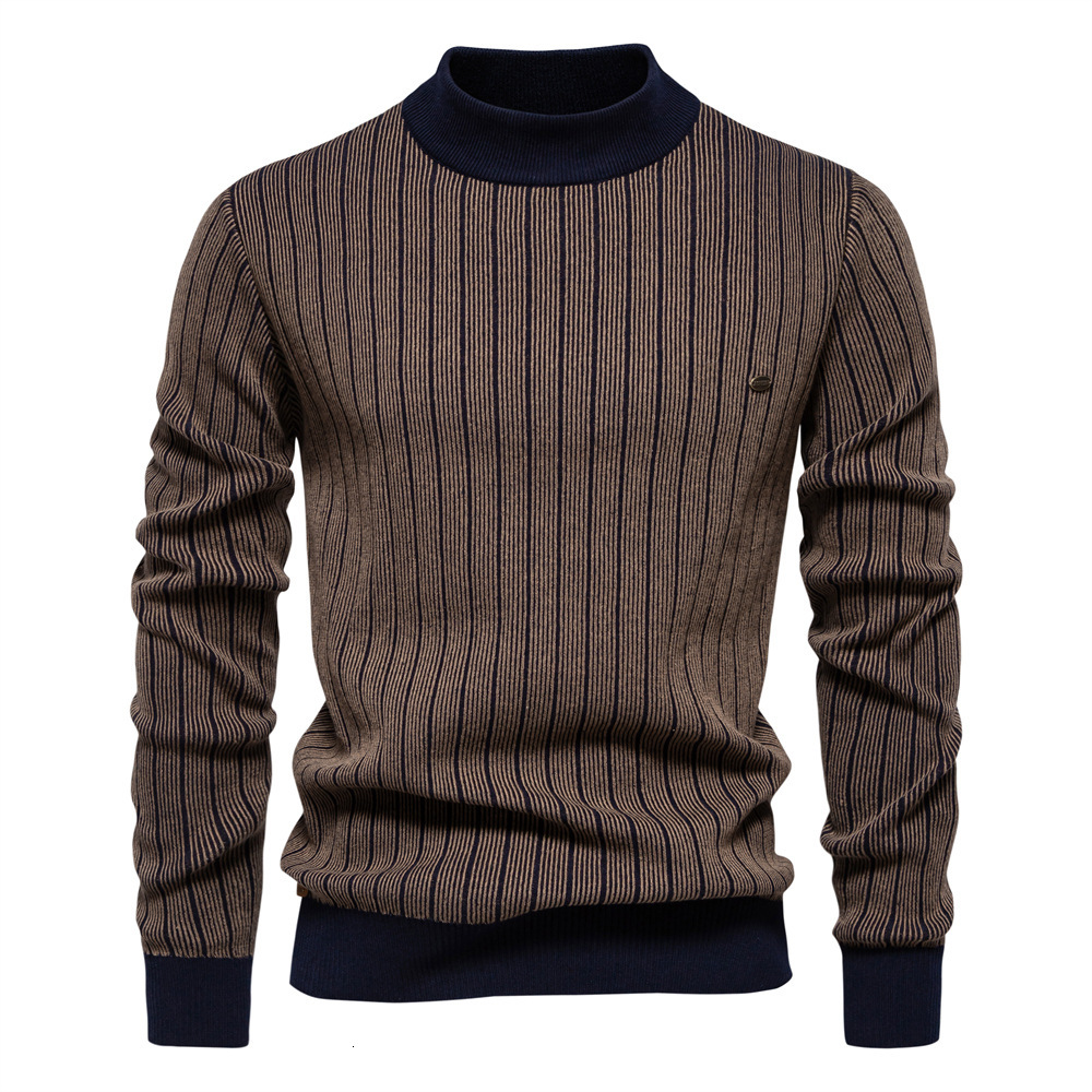 Autumn Winter New Half Hoodie Turtleneck Slim Polo Fit Striped Shirt Top Fashion Highquality Men's Pullover Sweater