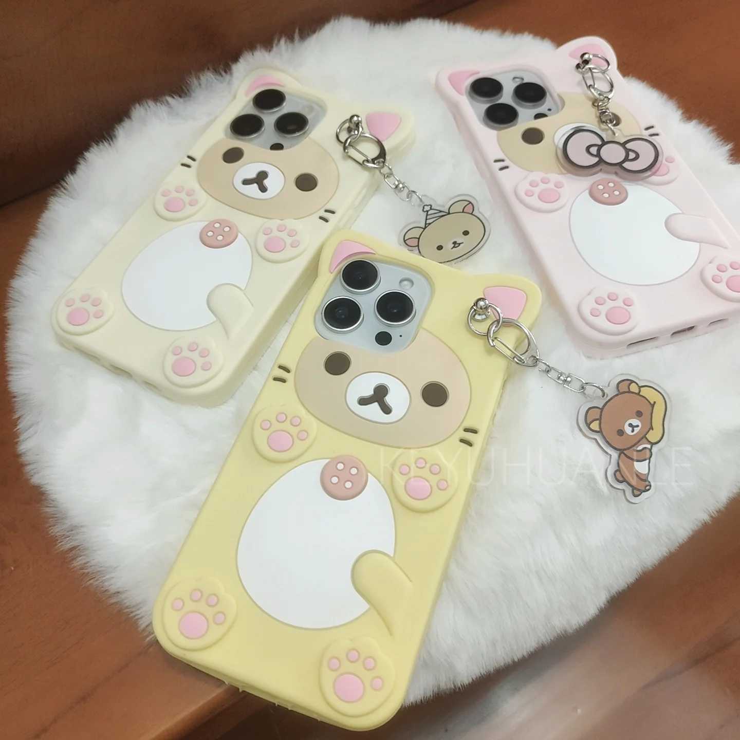Cute Cartoon 3D Rilakkuma Phone Case For iPhone 17 16 15 14 13 12 11 Pro X XS Max XR 6 7 8 Plus 5 5S SE Key Chain Pendant Cover C260314