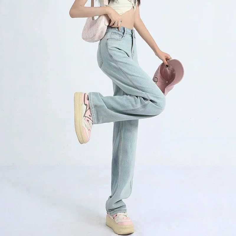 Female Light Blue High Waisted Jeans Pants Women Slim Fit Denim Long Pants s Narrow Straight Leg Jeans Trousers M260317