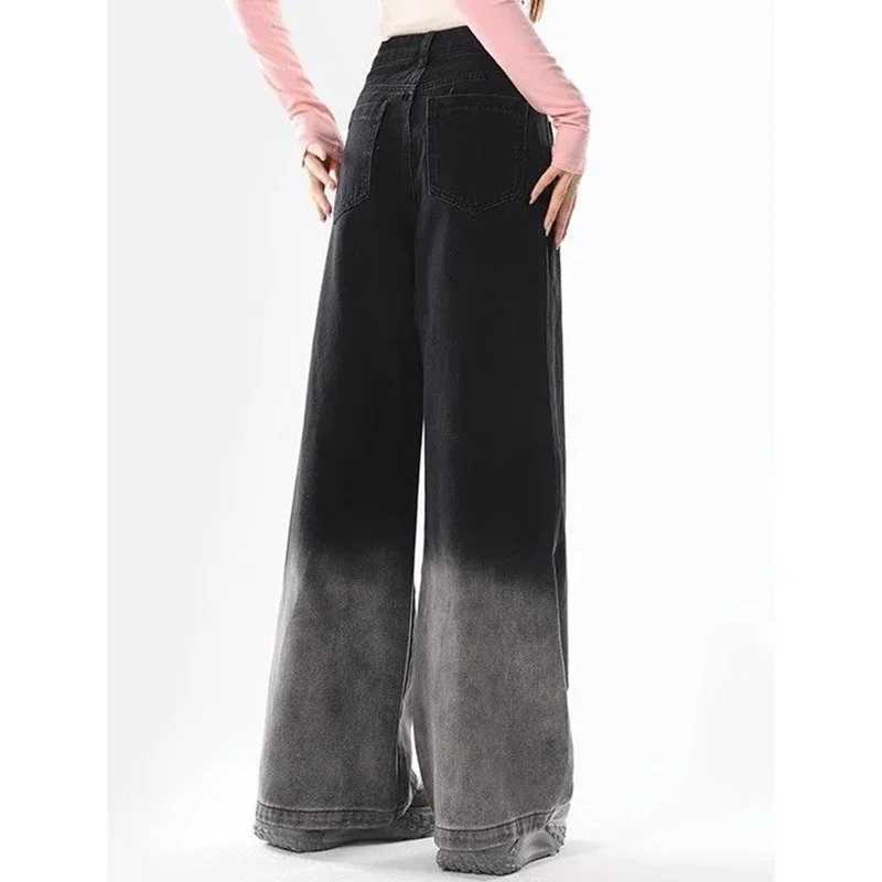 Woman High Waist Streetwear Thicken Wide Leg Jeans Female Fashion Punk Baggy Pants Lady Gothic Black Grey Thermal Denim Trousers M260317