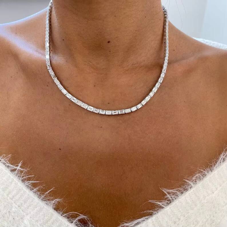 Elegant Trendy 2209ct E VS1 Emerald Cut Lab Grown Diamond Unisex Choker Necklace 14K White Gold Plated Prong Setting IGI
