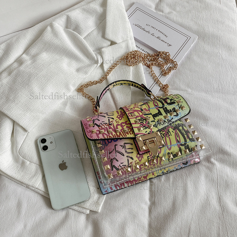 2026 Luxury Graffiti Transparent Jelly Bag Summer Fashion Korean Edition Instagram Internet Celebrity Chain Shoulder Crossbody Bag Women's Versat