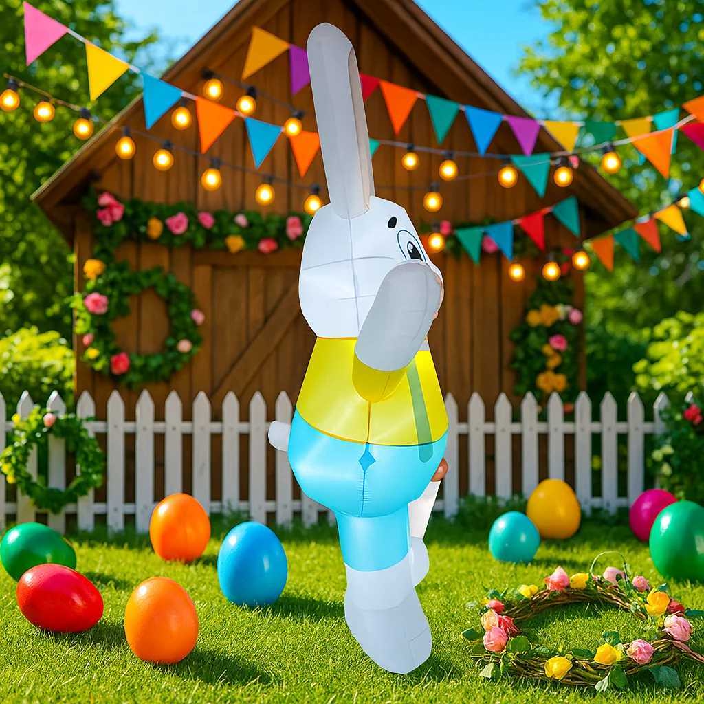 7FT Easter Inflatable Rabbit Carry Basket Decor LED Lights Festive Airblown Yard Ornament Easter Decorations Easter Inflatable H260316