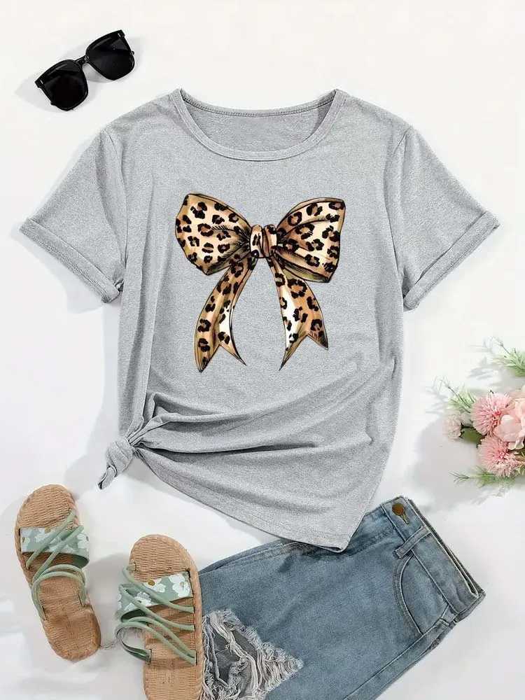 Summer New 90s Leopard Print Bow Short Sleeve Print Clothing Womens T-Shirt Harajuku Graphic Clothing Womens Top Tee M260317