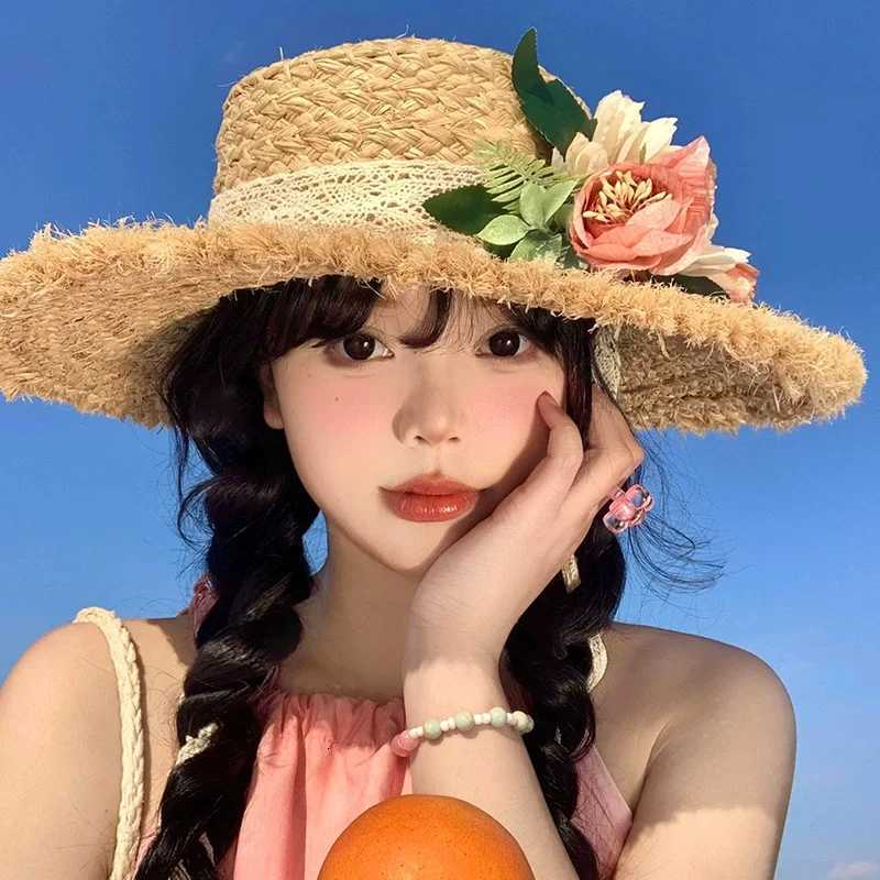 Flower rose decoration raffia straw hat for women summer large brim sun hat seaside atmosphere elegant wedding hat H260317 - view 5