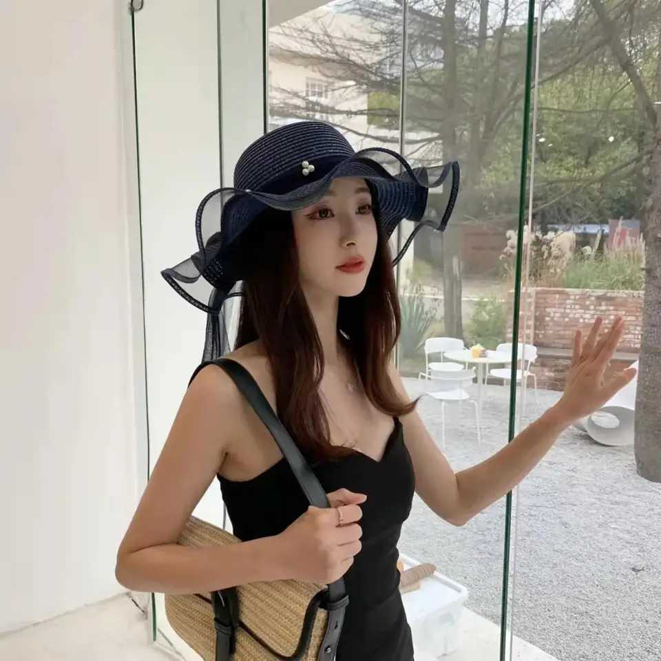 New Foldable Wide-brimmed Girl Straw Pearl Sun Hat Beach Wave Hat UV Protection Travel Hat Lady Beach Hat Birthday Gift H260317 - view 4