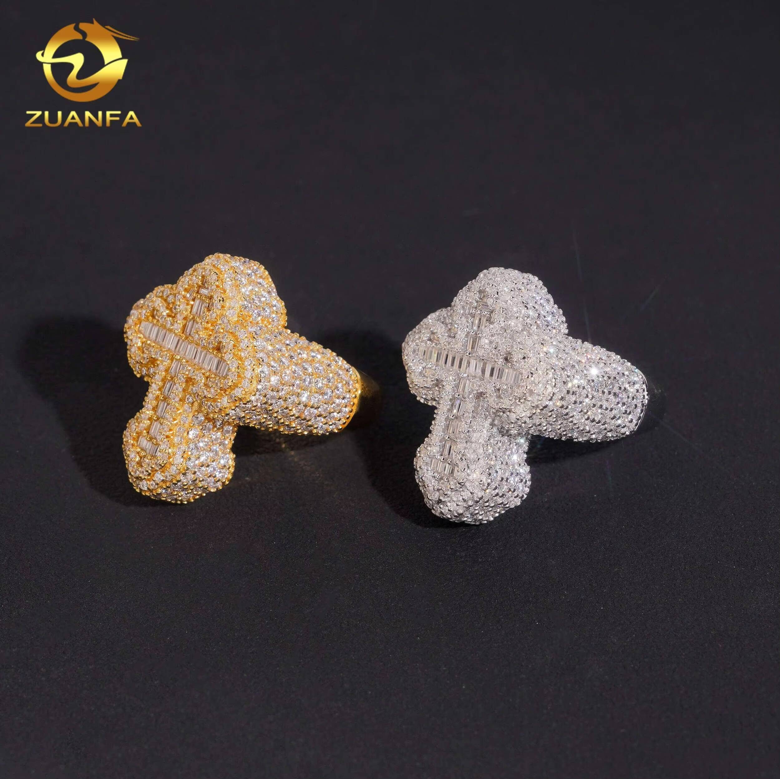 New Style 925 Sterling Silver Hip Hop Gold Plated Mens Iced Out Cross VVS Moissanite Ring
