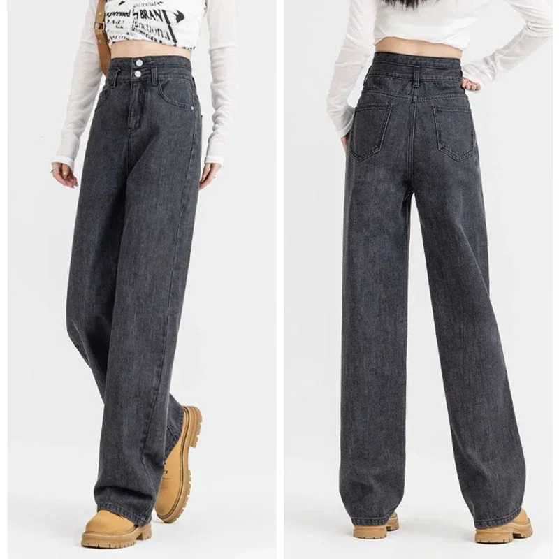 New Woman Chic Double Buckle High Waist Jeans s Casual Baggy Wide Leg Pants Lady Korean Designer Straight Leg Denim Trousers M260317