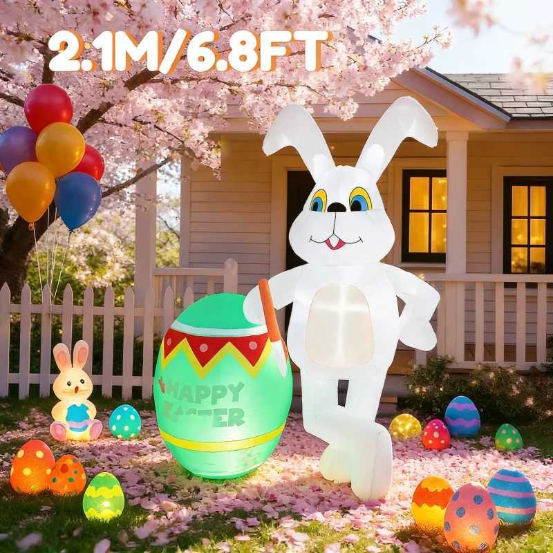 7FT Easter Outdoor Inflatable Rabbit Sit On Mushroom Built-in LED Lights Airblown Courtyard Festive Easter Inflatable H260316