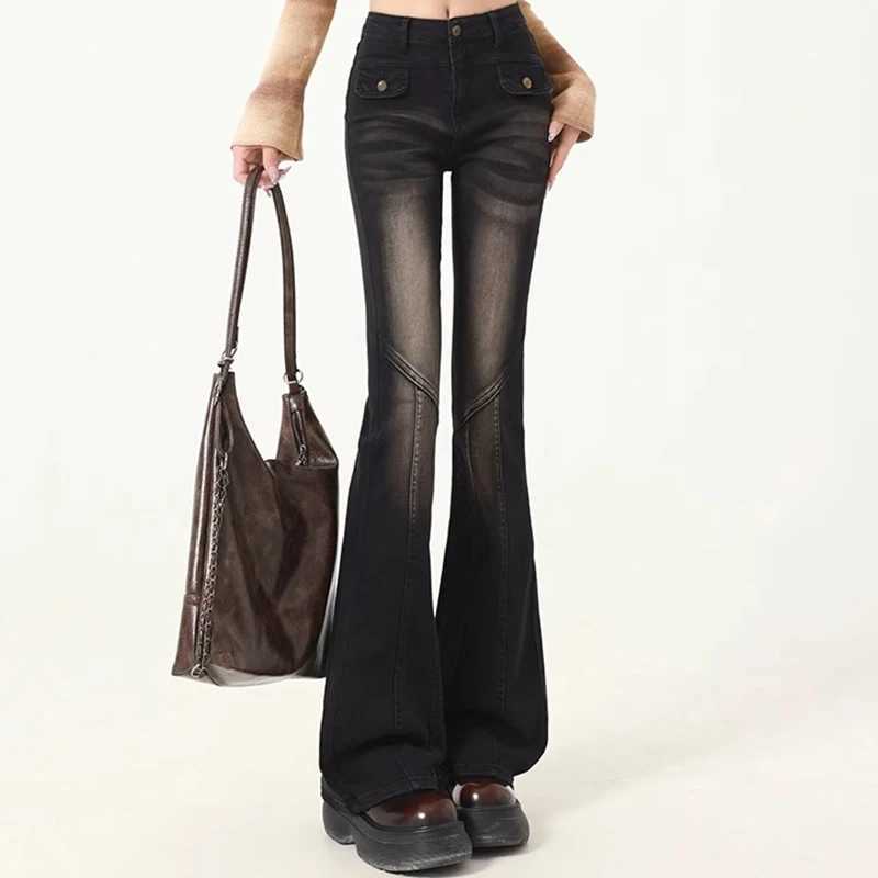 Woman High Waist Elastic Spliced Wide Leg Jeans Female Vintage Slim Fit Flare Pants Lady Blue Black Grey Denim Trousers Big Size M260317