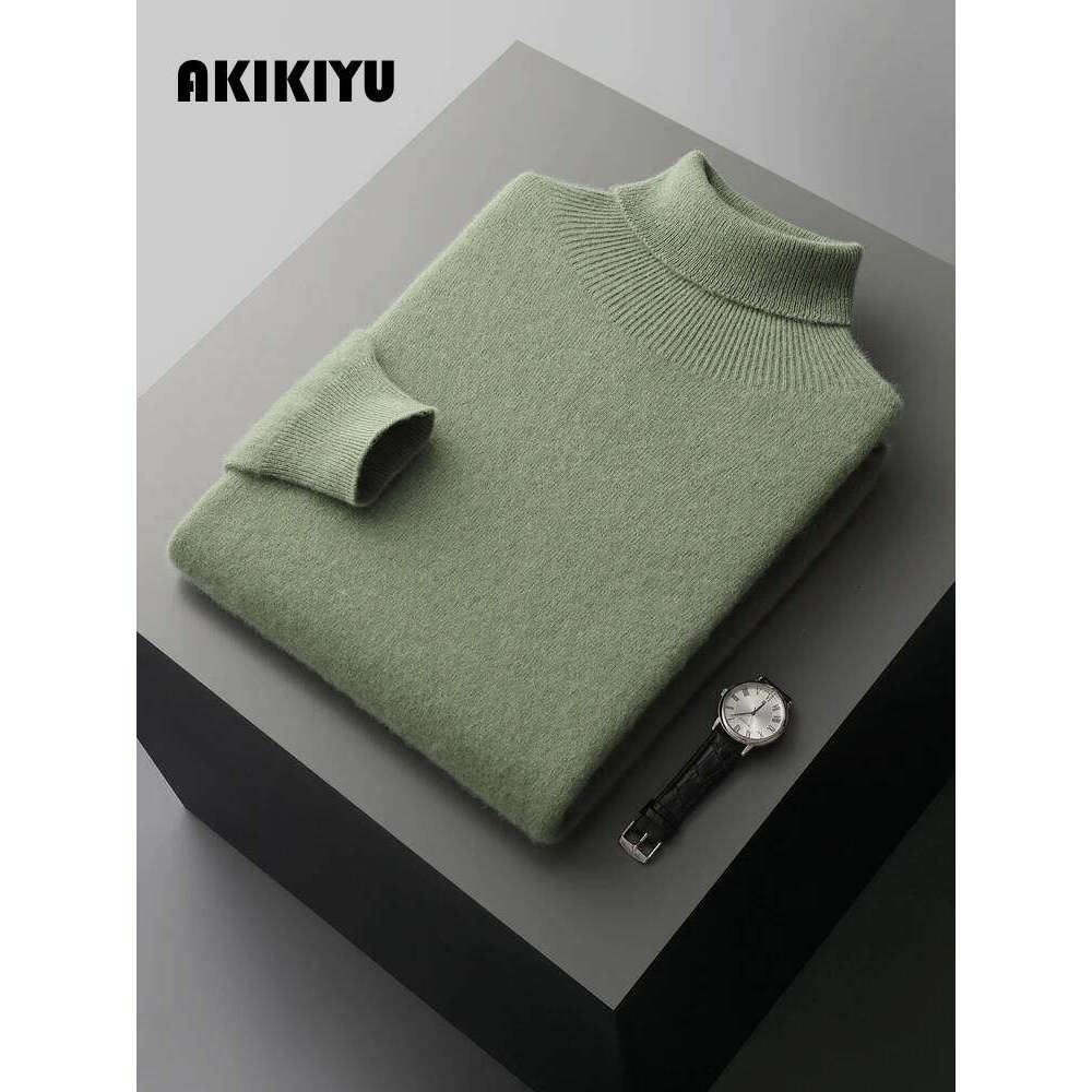 Autumn Winter Men's Sweater Turtleneck Long Sleeve Pullover Smart Casual 100% Merino Wool Knitwear Soft Warm Jumper Clothes AKIKIYU