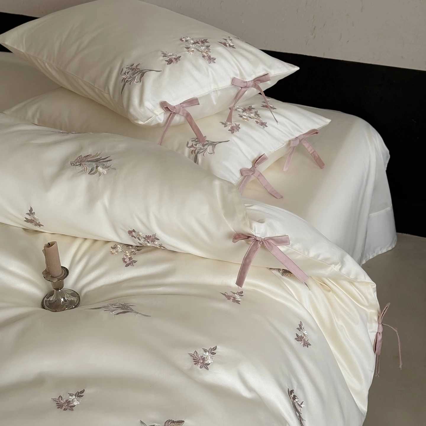 Flowers Embroidery Bow Princess Bedding Set 600TC Egyptian Cotton Queen King Duvet Cover Flat/Fitted Bed Sheet Pillowcases 4Pcs D260317