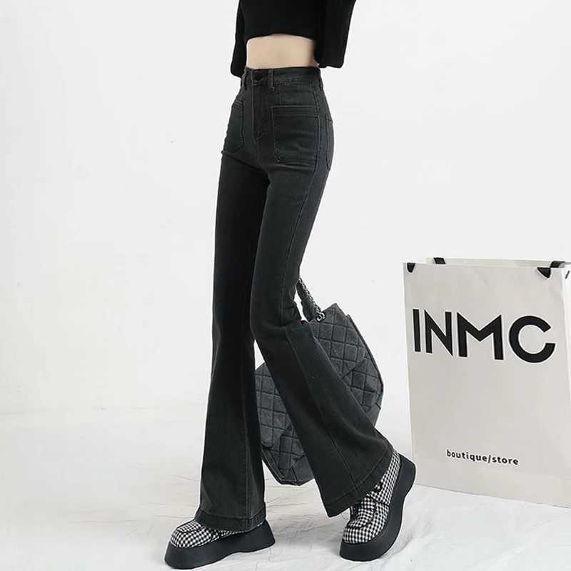 Classic Designer Women Straight Leg Flared Jeans Lady Korean High Waist Solid Denim Pants s Fashion Black Gray Trousers M260317
