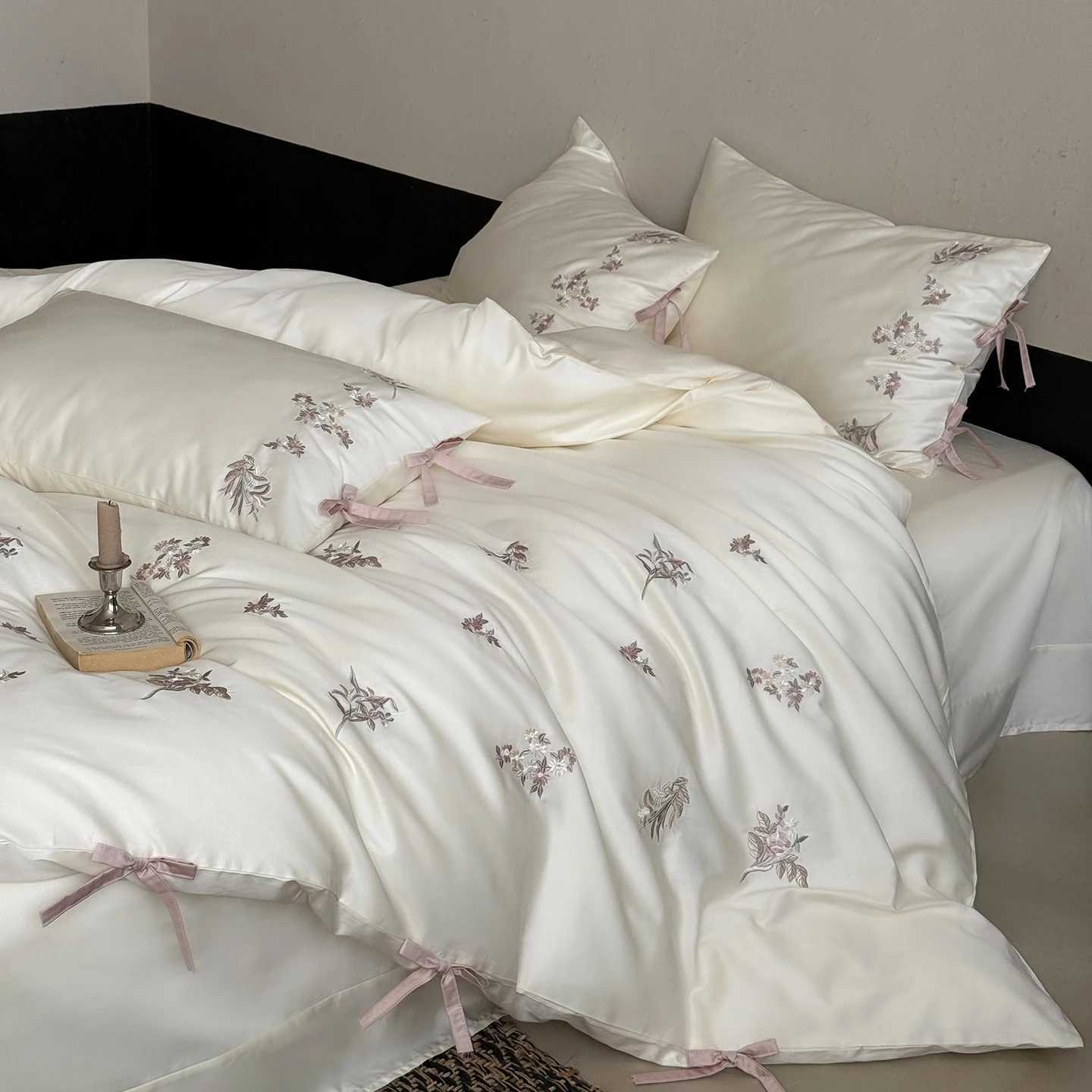 Flowers Embroidery Bow Princess Bedding Set 600TC Egyptian Cotton Queen King Duvet Cover Flat/Fitted Bed Sheet Pillowcases 4Pcs D260317
