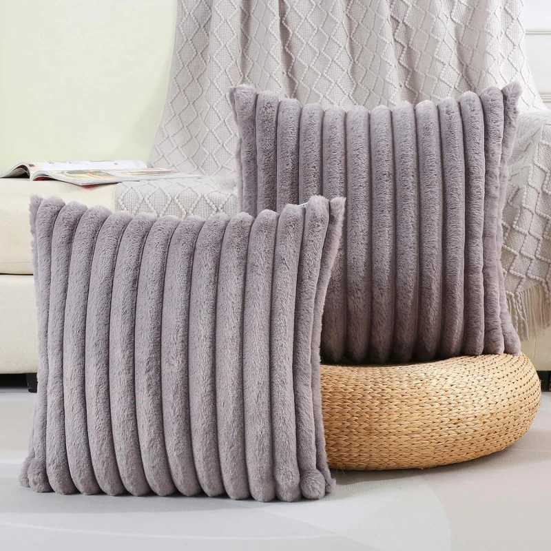 Artificial Rabbit Fur Square Cushion Cover Simple Stripe Super Soft Pillowcase 45x45 Cm Sofa Decorative Cushion Cover D2603171