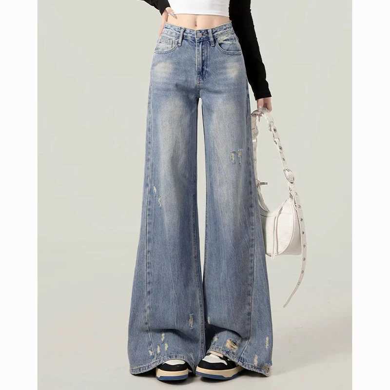 s Korean High Waist Loose Fit Jeans Women New Fashion Straight Leg Denim Trousers Lady Vintage Ripped Blue Thin Pants M260317