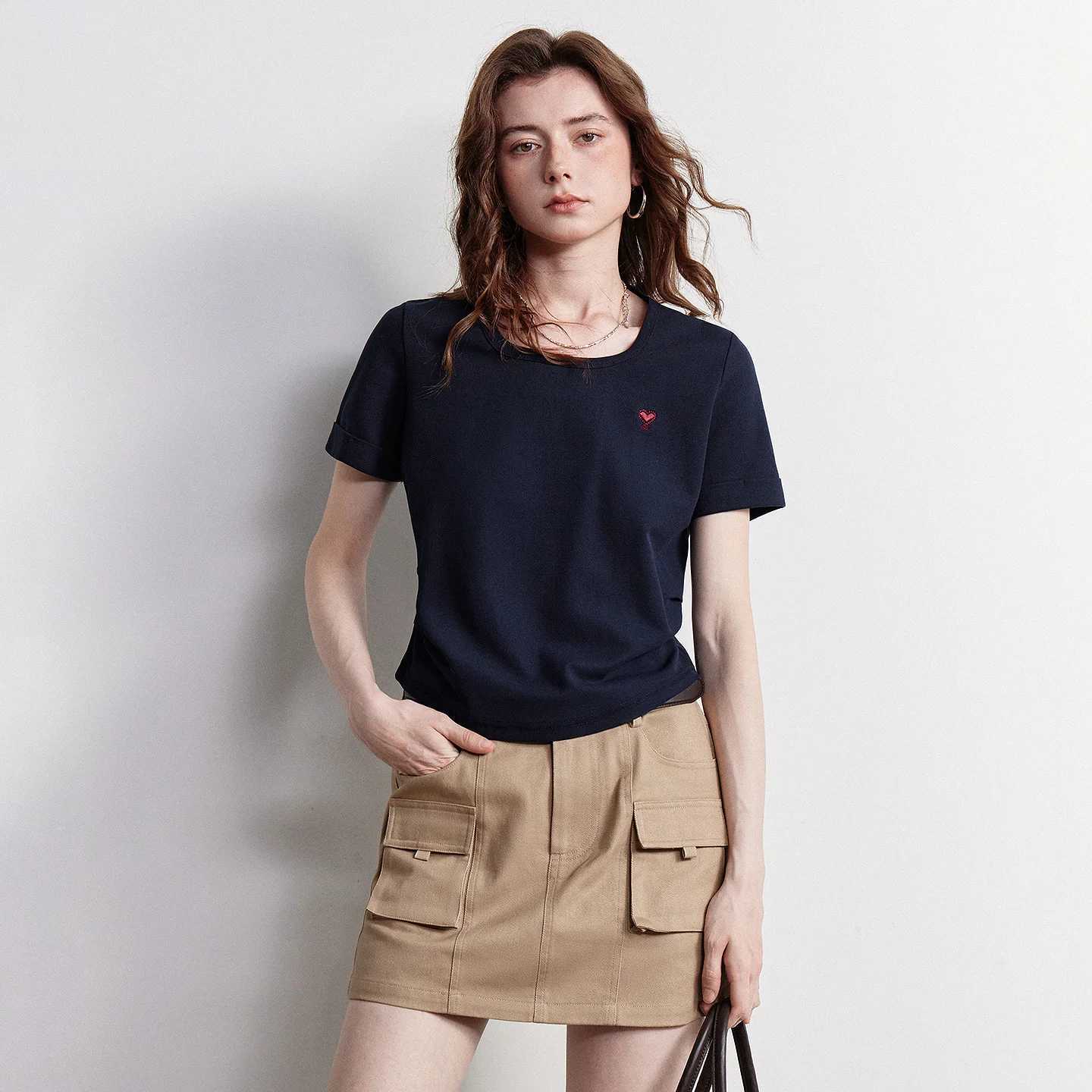 TOYOUTH Women T-shirt 2026 Summer New Breathable Bead Floor Short Fit Waist Cinched Square Neck American Top M260317