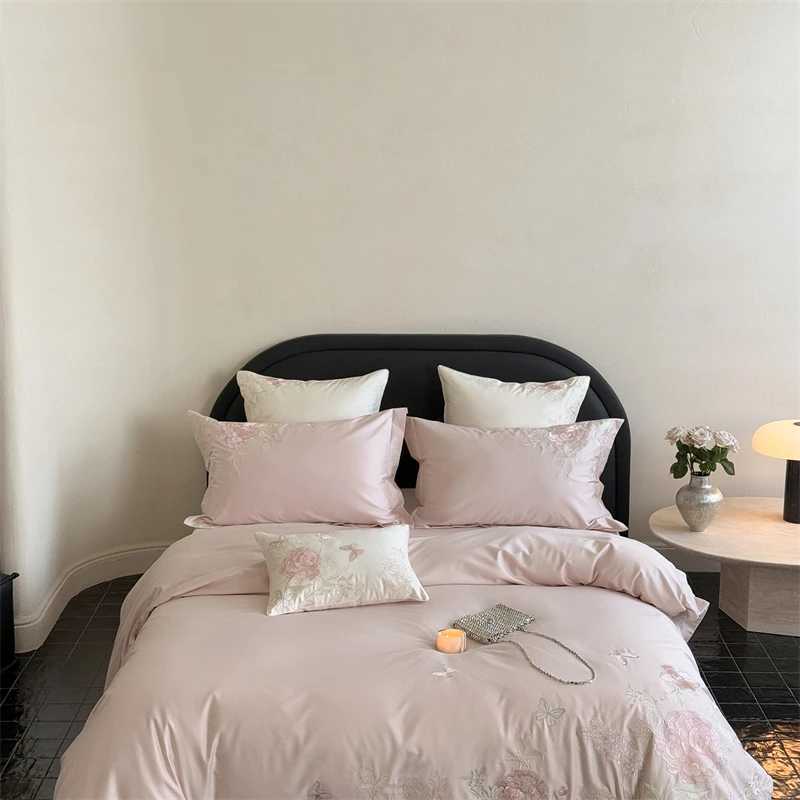 Premium 600TC Egyptian Cotton Luxury Flowers Butterfly Embroidery Pink Bedding Set Duvet Cover Flat/Fitted Sheet Pillowcase 4Pcs D260317