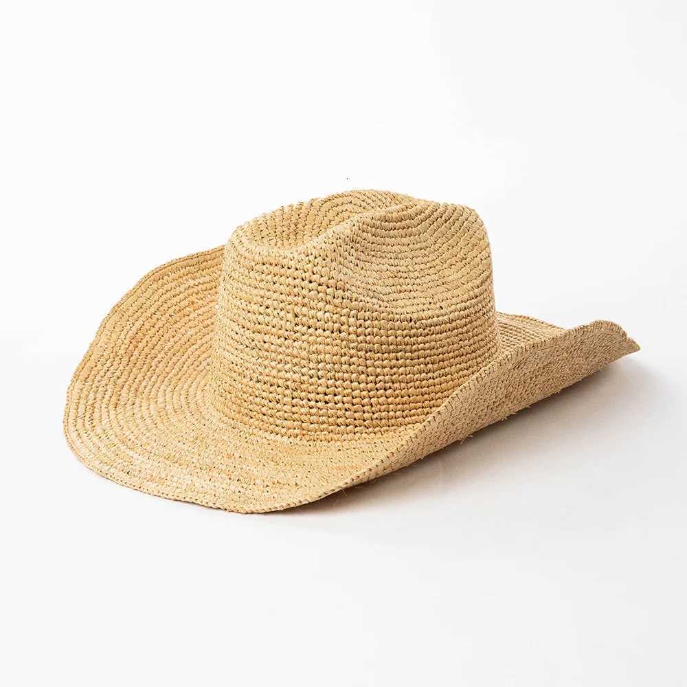 USPOP Hand-crocheted Natural Raffia Straw Cowboy Hat for Women Men Summer Wide Brim Sun Hat Outdoor Breathable Beach Caps H260317 - view 5