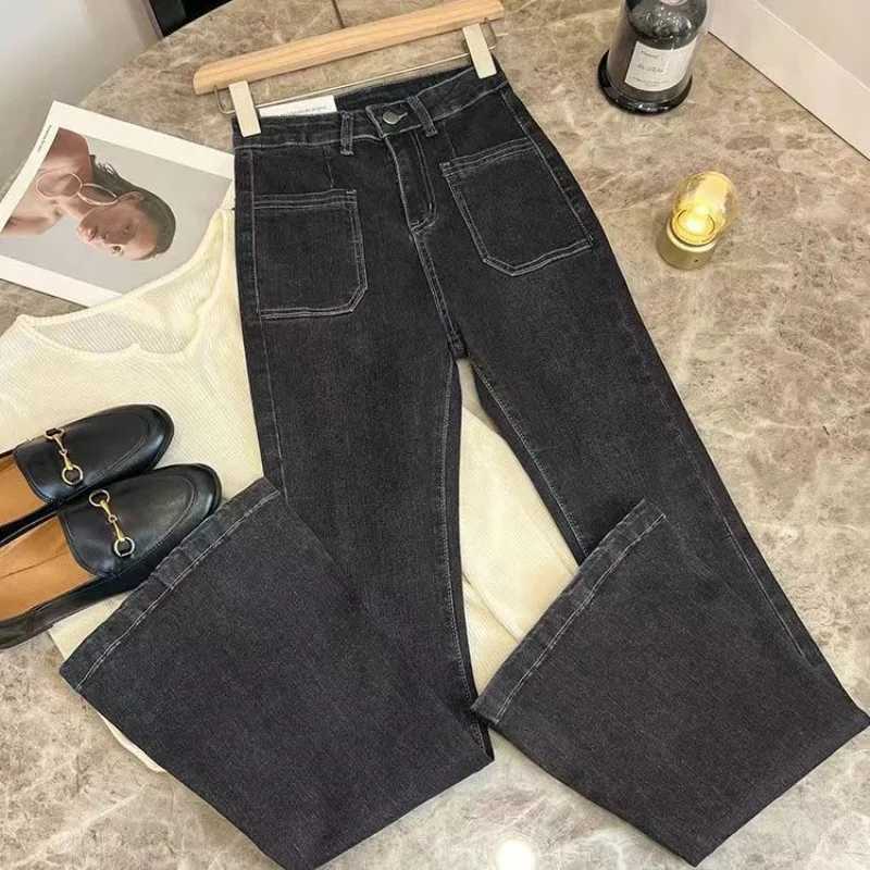 New High Waist Trousers Loose Washed Jeans Pockets Slim Denim Flare Classic Women Vintage Stretch Straight Trousers All-matchT260317