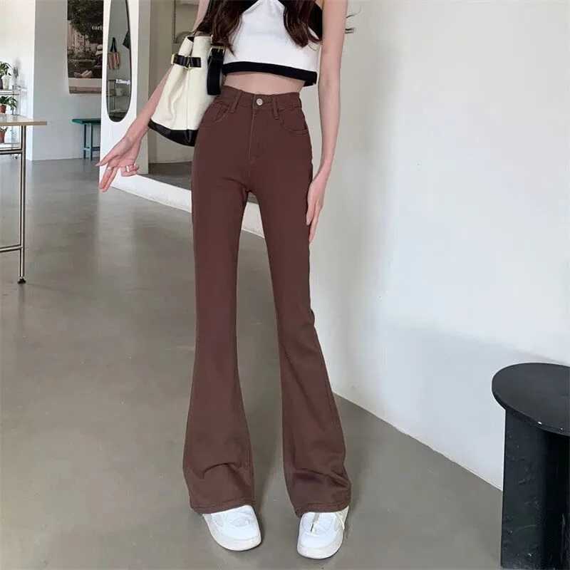2024 Woman High Waist Vintage Flare Jeans Female Elastic Bell Bottom Pants s Black Brown Deep Blue Light Blue Denim Trousers M260317