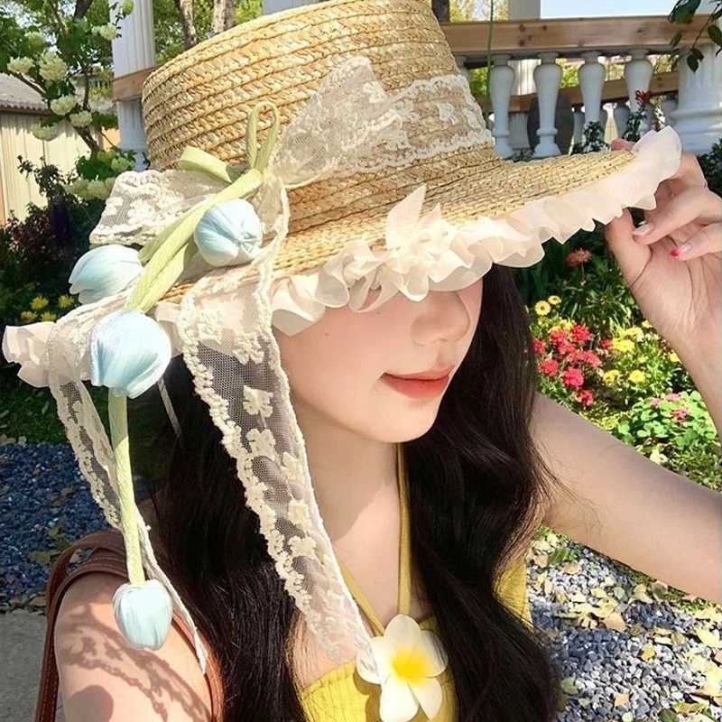 Womens Sun Protection Hats Tulip Bow Sweet Kawaii Fashionable Countryside Style Grass Hats Beach Ribbon Woven Grass Sun Hats H260317 - view 4