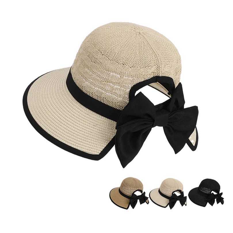 8484Summer hat girls versatile bow-tied ponytail hole large eaves straw hat outdoor outing sun hat H260317
