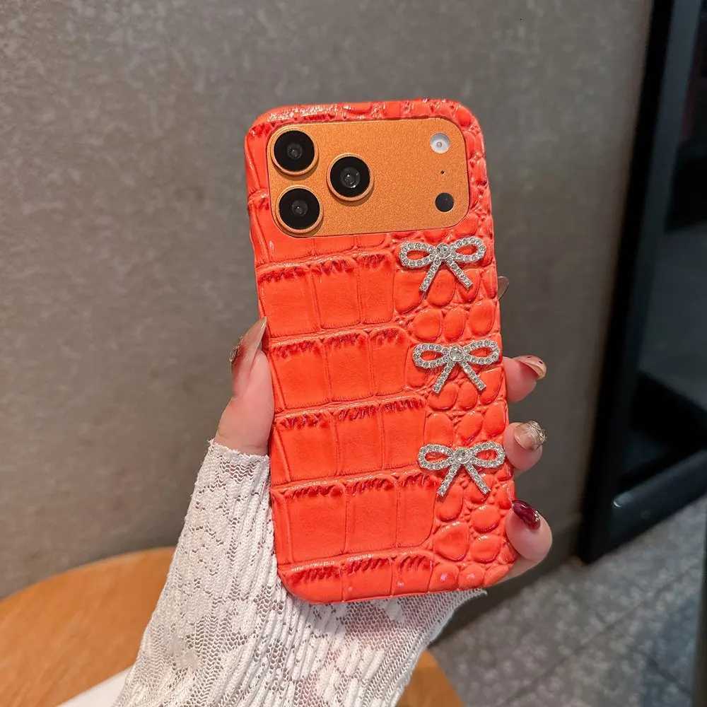 Luxury Diamond Bow Crocodile Grain Leather Phone Case For iPhone 17 11 12 13 14 15 16 Pro Max Shockproof Hard Protection Cover C260314
