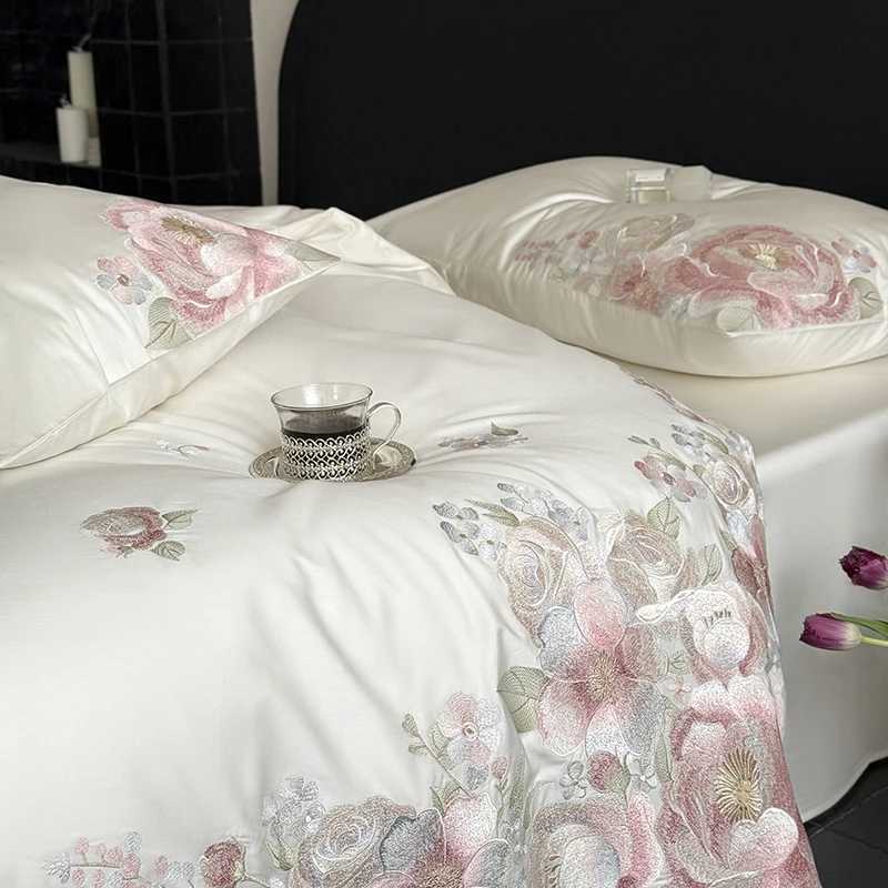 Flowers Embroidery Luxury Bedding Set Egyptian Cotton Single Queen King Size Duvet Cover Flat/Fitted Bed Sheet Pillowcases 3/4Pc D260317