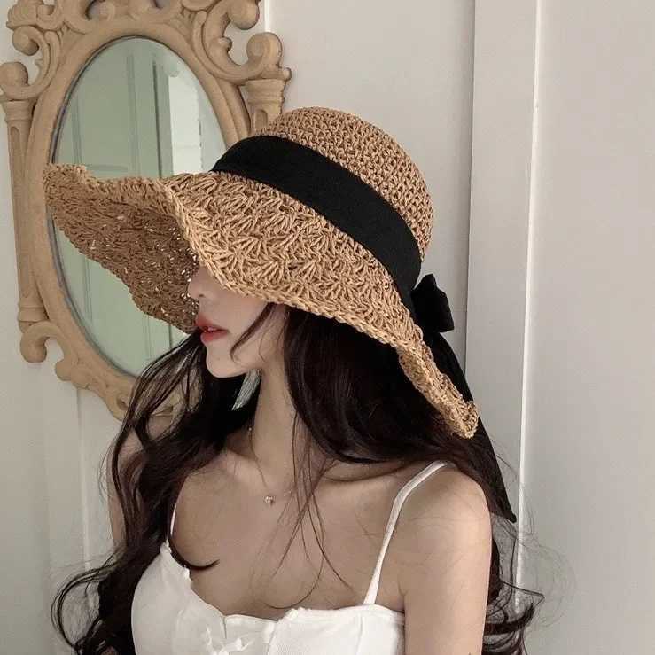 New Summer Straw Sun Cap Womens Lace up Big brim Beach Panama Foldable Holiday Cool Sunshade Hat Gorras H260317 - view 7