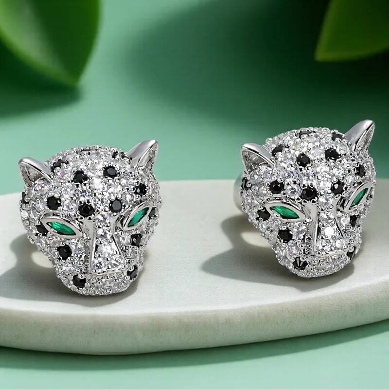 Leopard Domineering Head Stud Earrings For Women Men Gold Silver Color Rose Red White Zircon Hiphop Bar Big Ear & Studs Jewelry