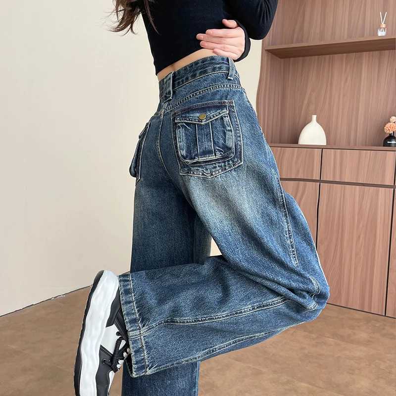 High Waist Loose Wide Leg Jeans Women Y2K Cotton Personalized Design Casual Straight Denim Fashion Tube Loose Plus TrousersT260317