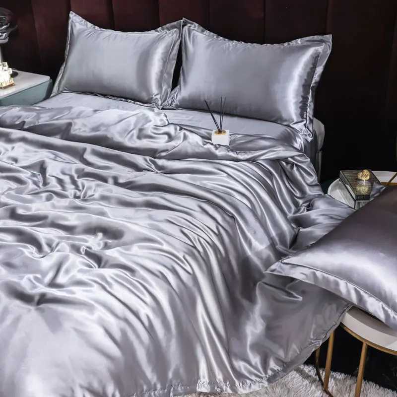 Luxury Ice Silk Bedding Set Satin Silky Duvet Cover Set With Pillowcase High-end Home Textiles Solid Color Bed Cover Sets D260317