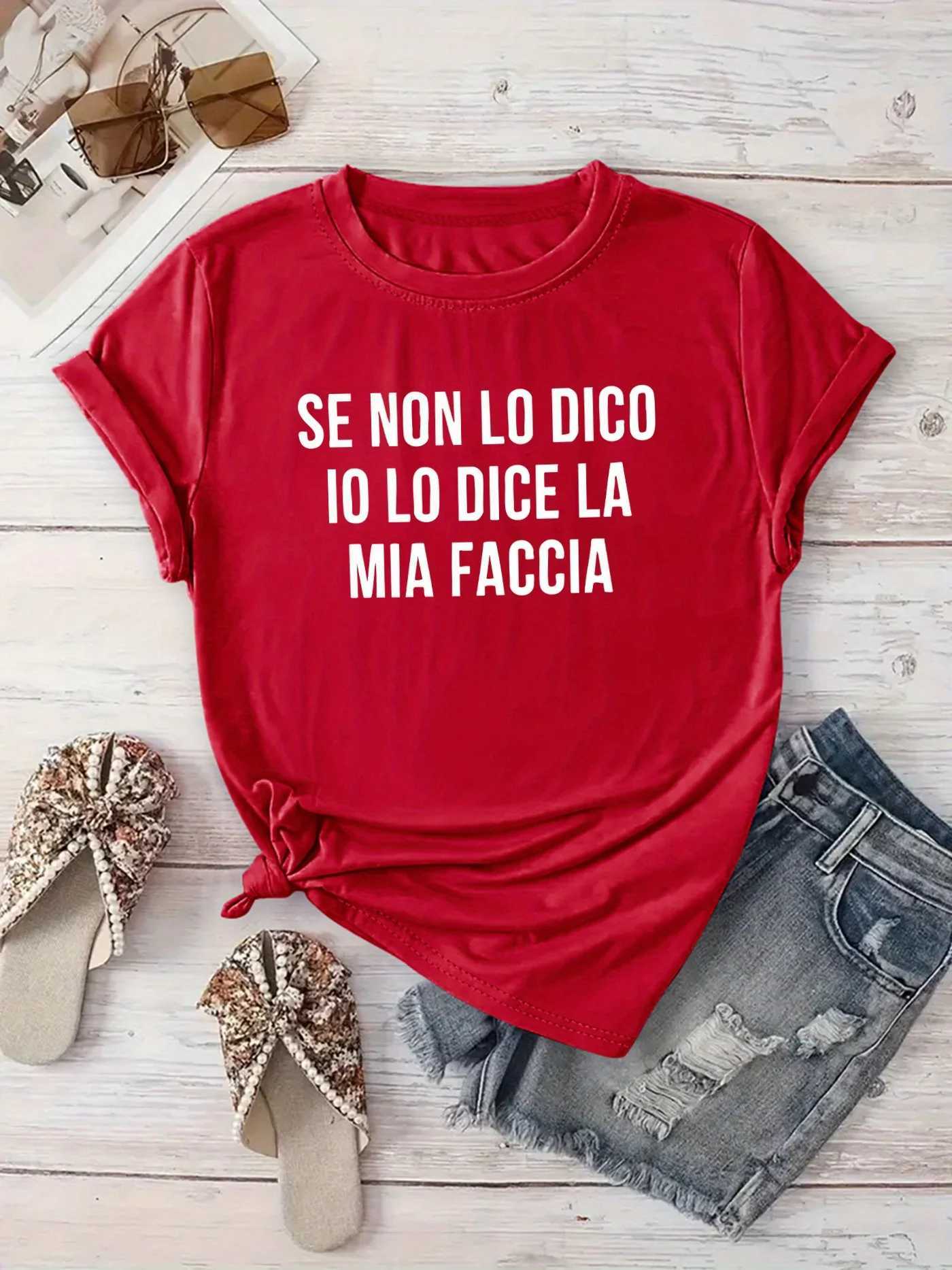 Phrase Geometric Vibrant Round Spring Summer Vacation Wear Womens Casual Short SLeeve T-Shirt with Italian M260317