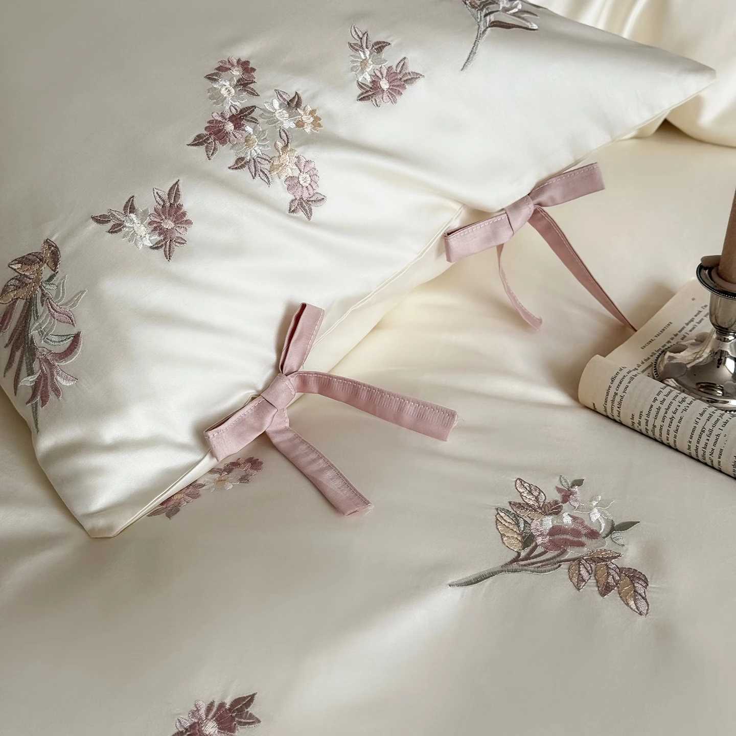 Flowers Embroidery Bow Princess Bedding Set 600TC Egyptian Cotton Queen King Duvet Cover Flat/Fitted Bed Sheet Pillowcases 4Pcs D260317