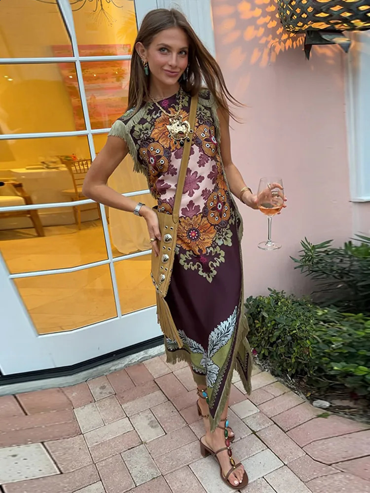 Elegant Printed Womens Dress Fringed Sleeveless Slim Irregular Lady Dresses 2026 Spring Summer Chic Female Holiday Robe 260312