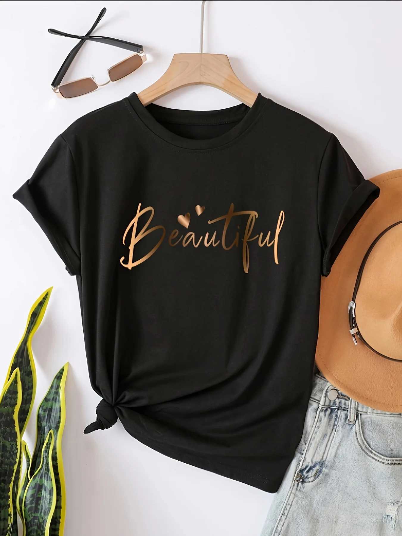 Beautiful Gold Script Womens Tee - Casual Burgundy Graphic Top M260317