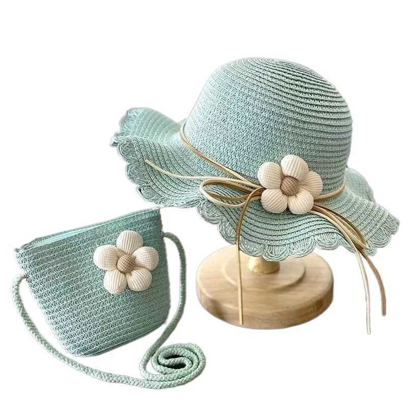 Summer Baby Flower Straw Hat With Handbag Bags 2pcs Set For Kids Little Girls Sun Cap Visor UV Protection Panama Hat gorras H260317 - view 7